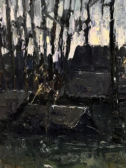 Oil painting Cold evening with hot tea by Volodymyr Pashchenko abstract expressionist grays