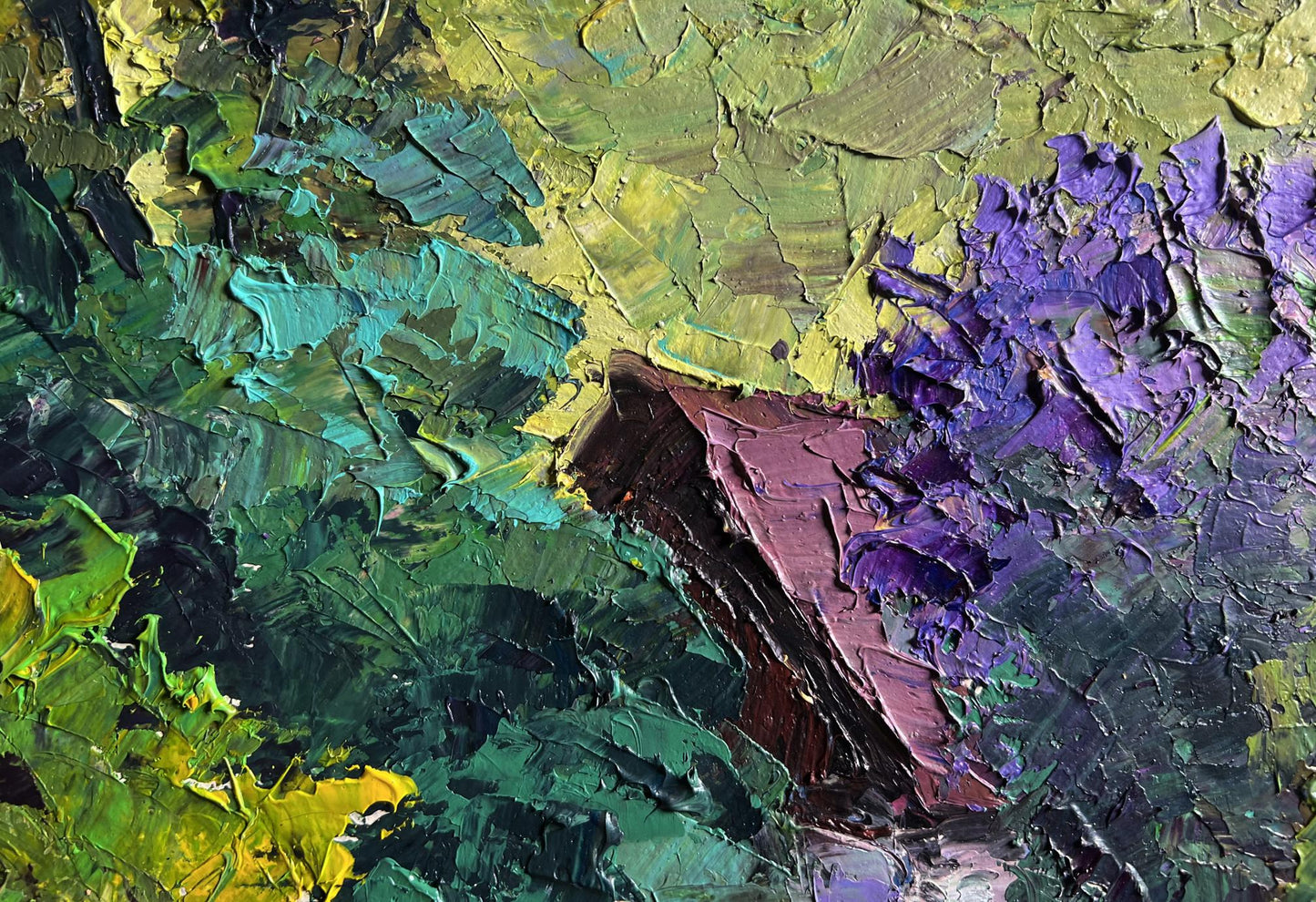 Oil painting of lilac bush in garden by Boris Serdyuk with vibrant impasto strokes