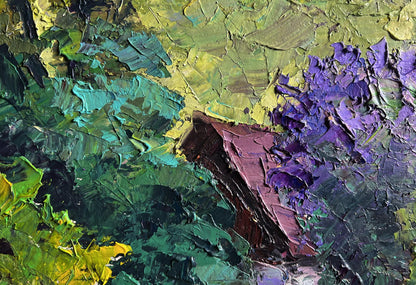 Oil painting of lilac bush in garden by Boris Serdyuk with vibrant impasto strokes