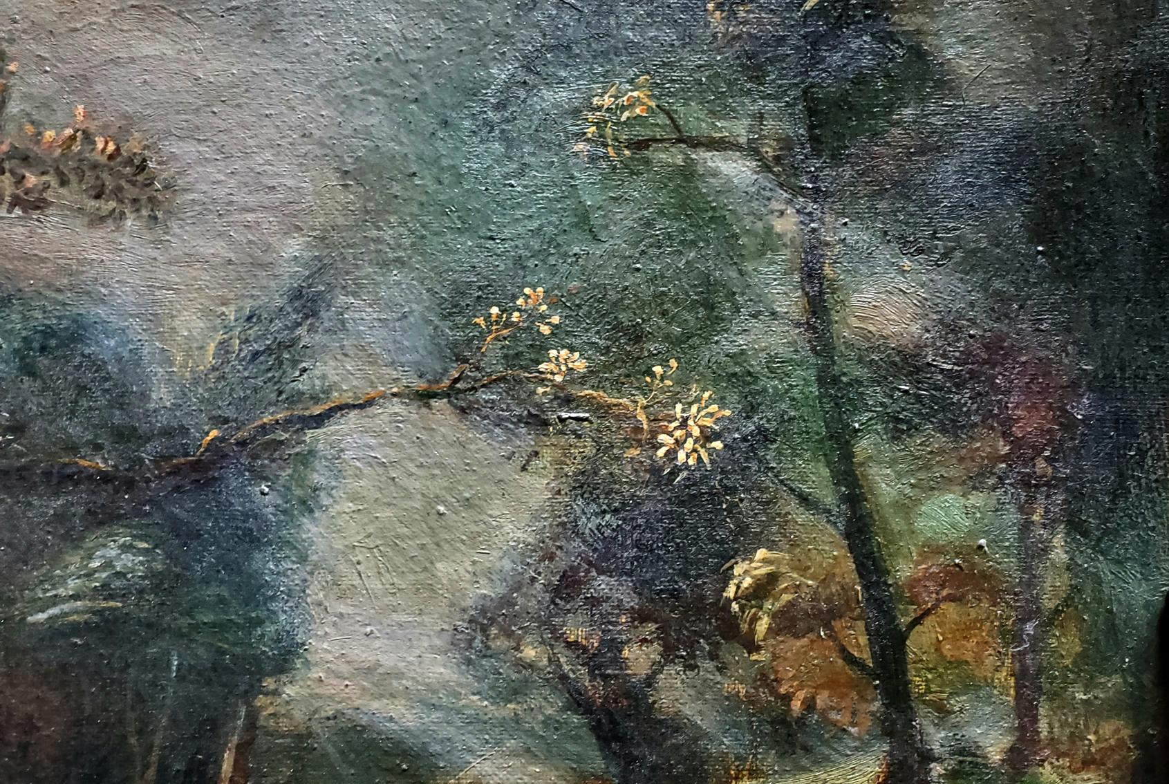 Oil painting by Daniil Litvinov: landscape with goats, pale yellow blossoms