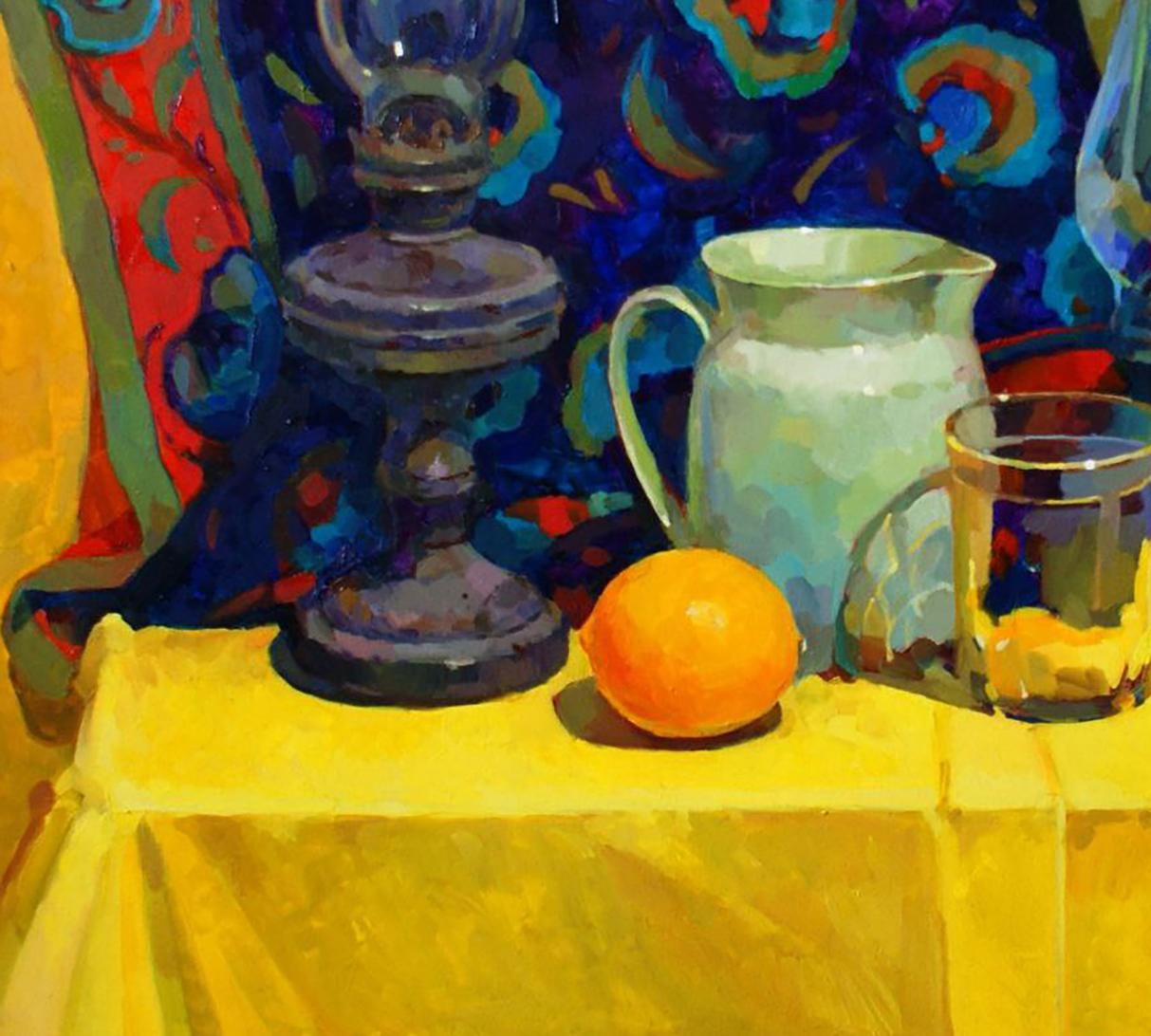 Oil painting of vibrant orange citrus on yellow drapery by Anastasia Yaroshevich