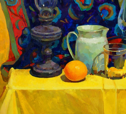 Oil painting of vibrant orange citrus on yellow drapery by Anastasia Yaroshevich