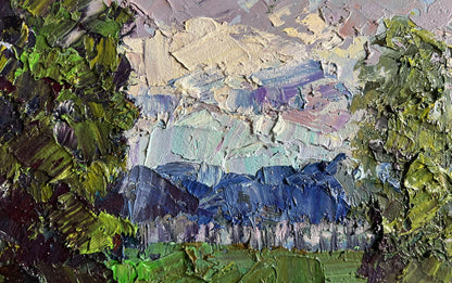 Oil painting It’s getting dark by Boris Serdyuk with green foliage and mountains