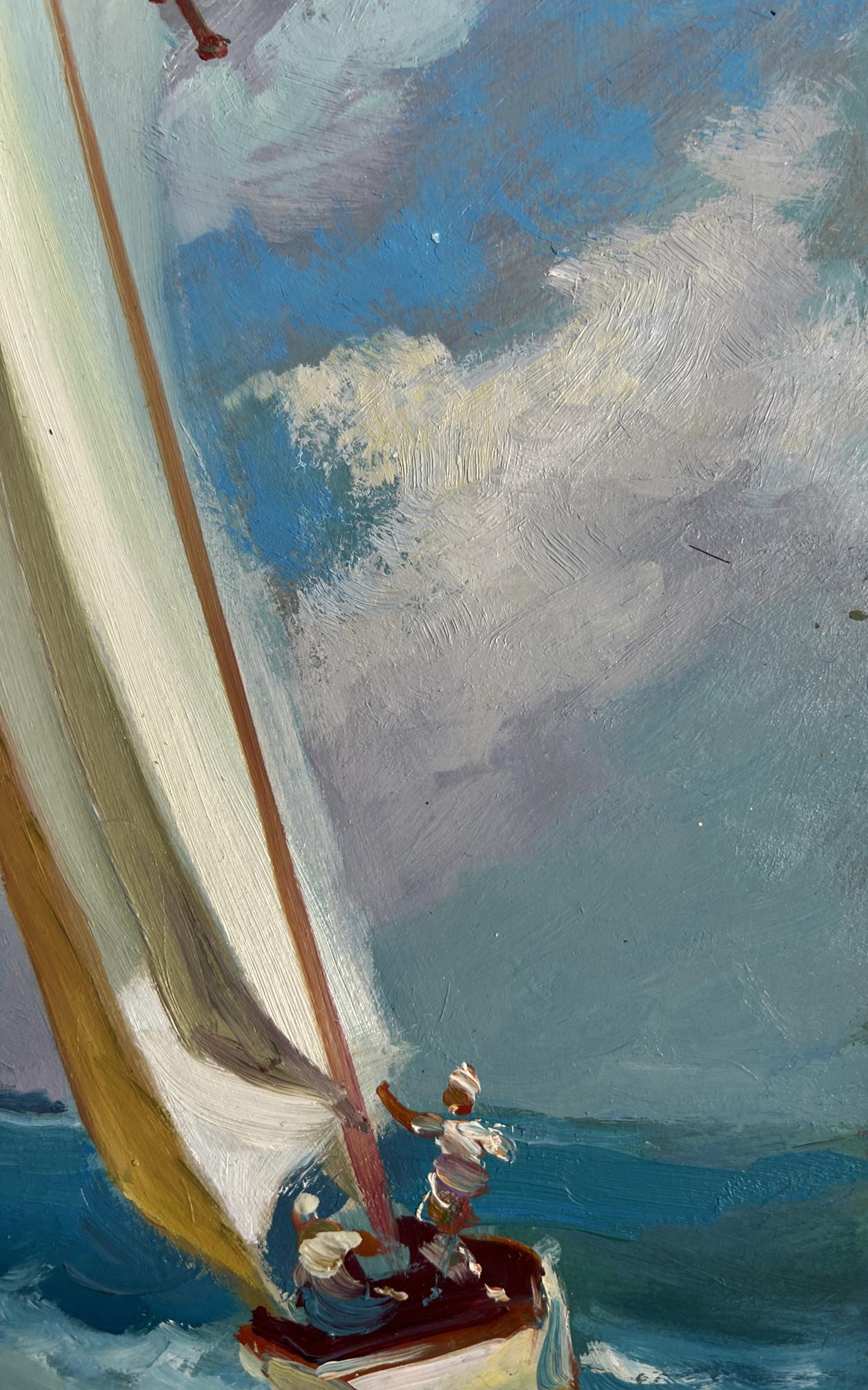 Vibrant oil painting of sailboat by Yuriy Suprunchuk on choppy seas