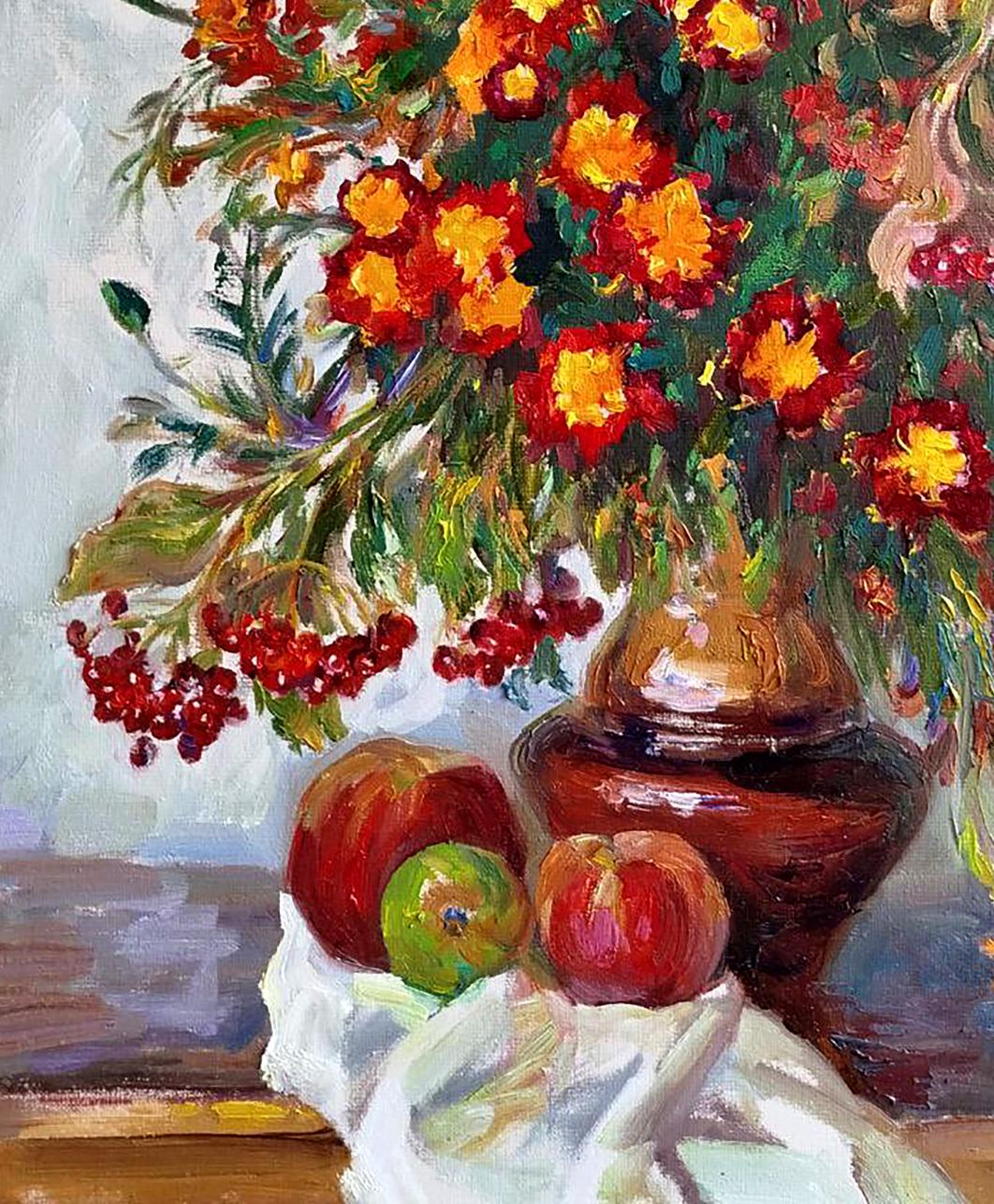 Oil painting still life with marigolds by Leonid Pavlenko in brown ceramic vase