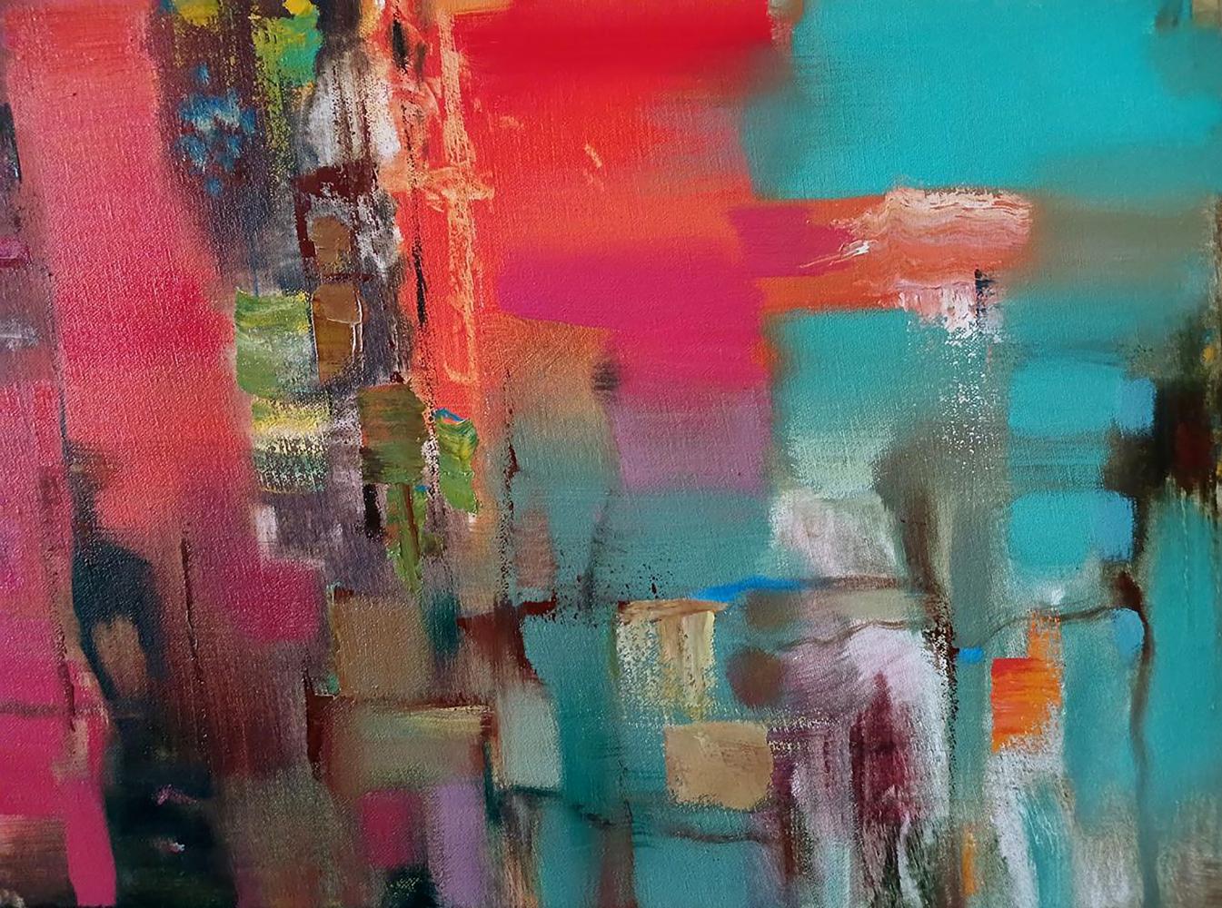 Vibrant abstract oil painting Cantata by Anatoly Tarabanov with bold red teal pink strokes