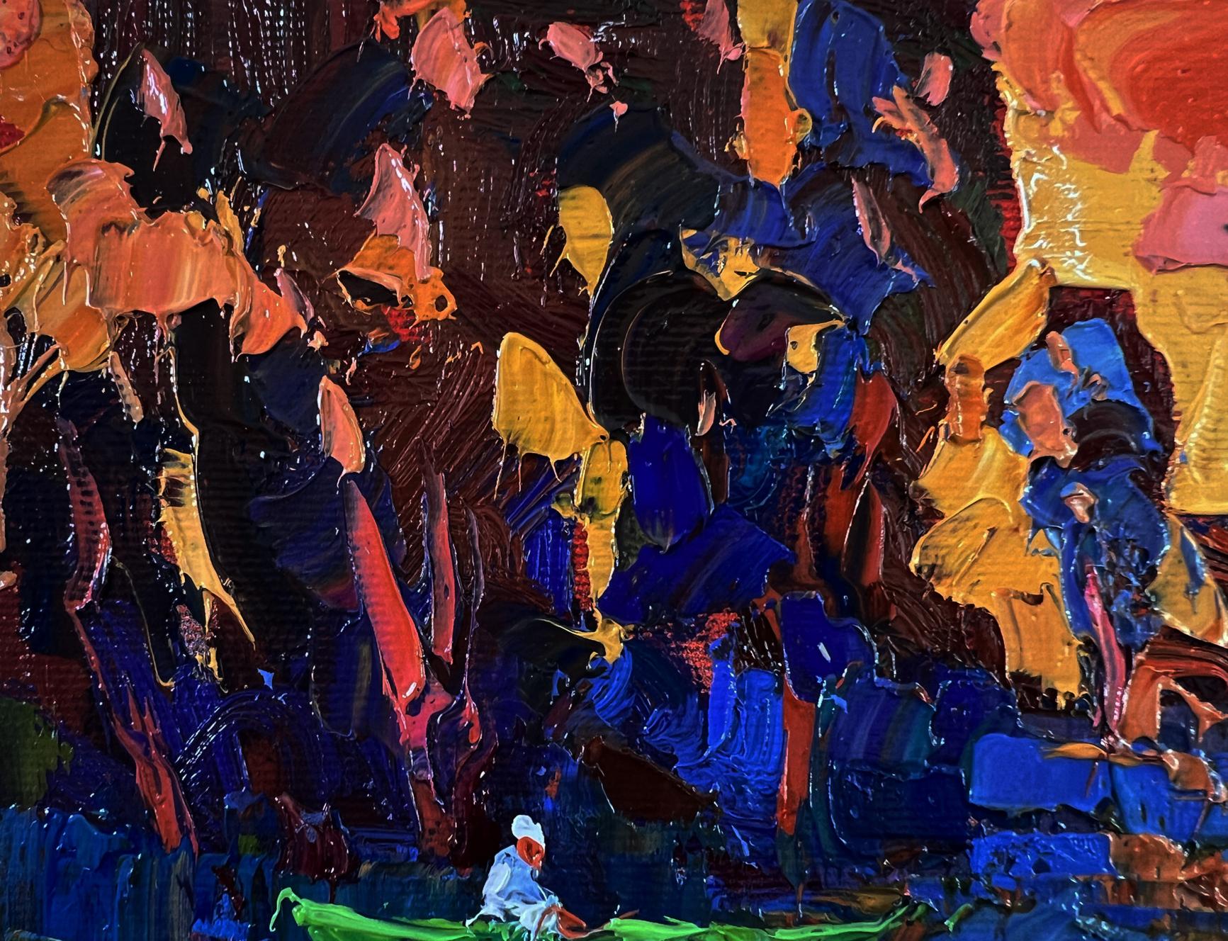 Oil painting Evening on the river by Oksana Ivanyuk vibrant blues oranges yellows