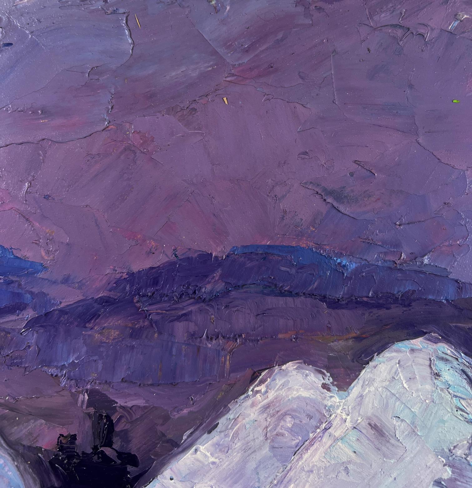 Oil painting The Silence of the Fields After Work by Boris Serdyuk, abstract purples blues whites