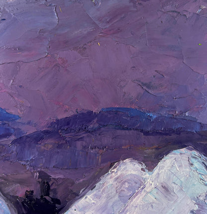 Oil painting The Silence of the Fields After Work by Boris Serdyuk, abstract purples blues whites