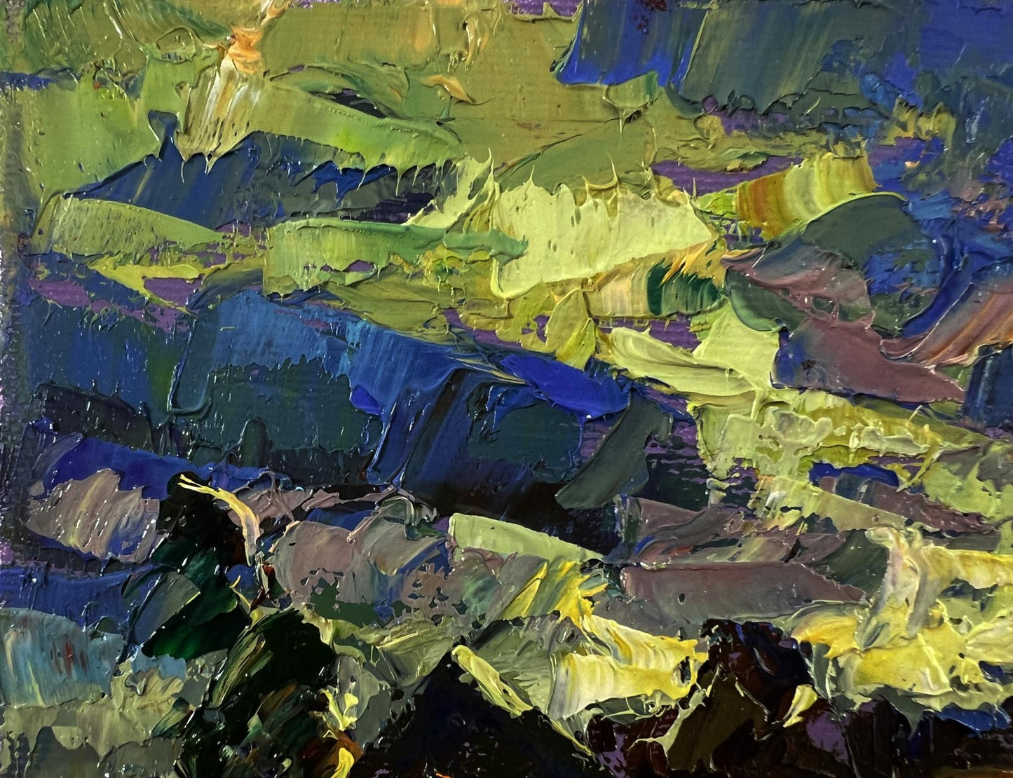 Vibrant Oleksiy Ivanyuk oil painting of colorful village sky with textured brushstrokes