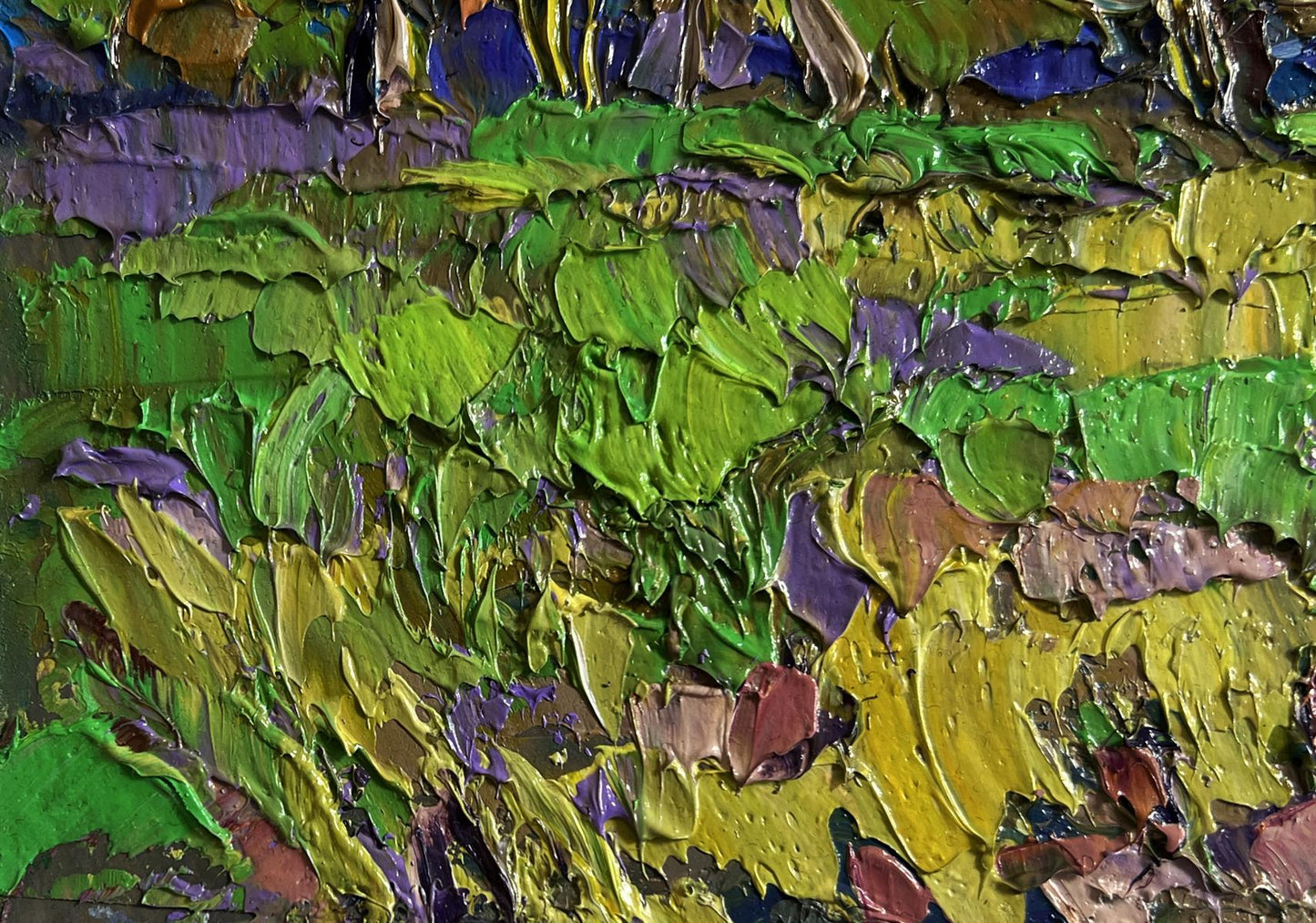 Oil painting Morning ringing of church bells by Oksana Ivanyuk impasto green yellow purple