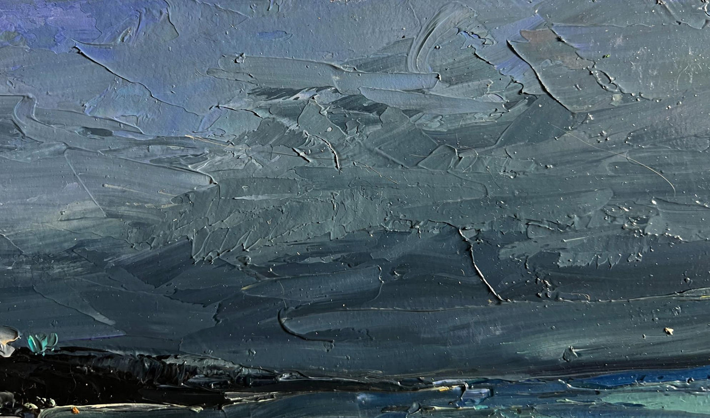 Oil painting of people on beach by Boris Serdyuk in blue gray impasto