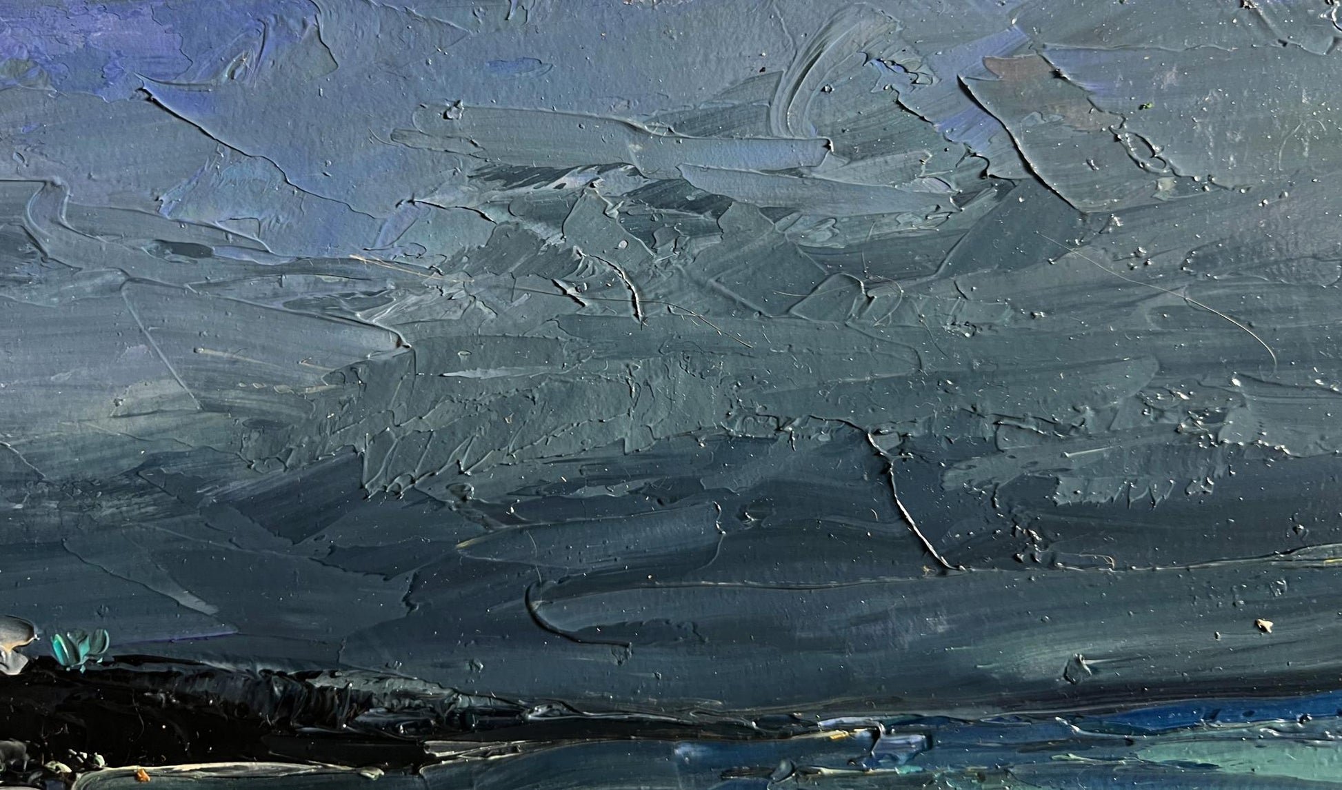 Oil painting of people on beach by Boris Serdyuk in blue gray impasto