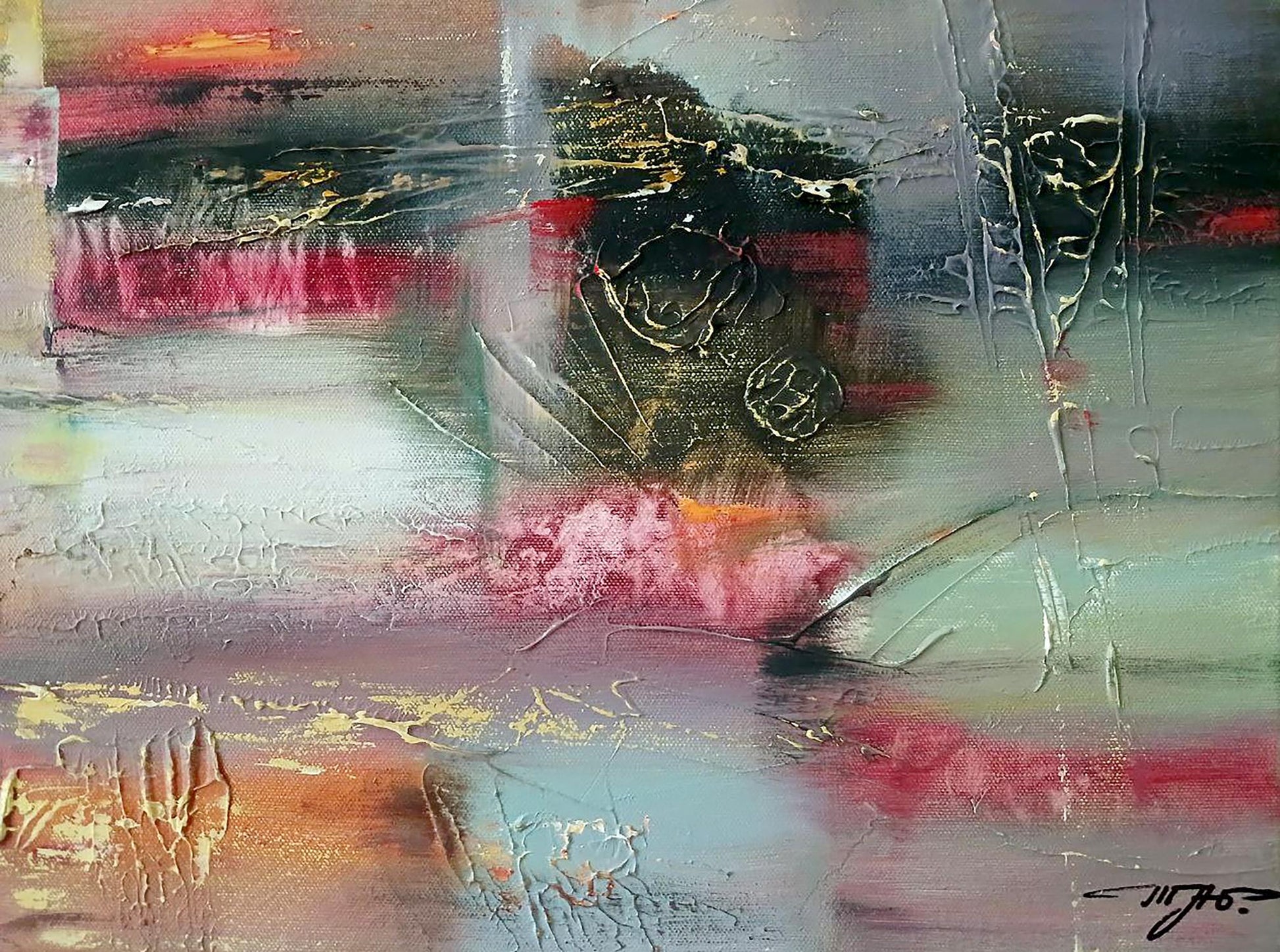 Abstract Evening oil painting by Anatoly Tarabanov with textured gray black red pink gold layers