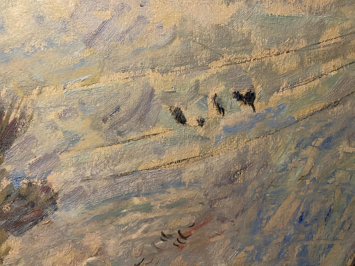 Oil painting of farm yard by Stanislav Petrashevsky, dark figures on path