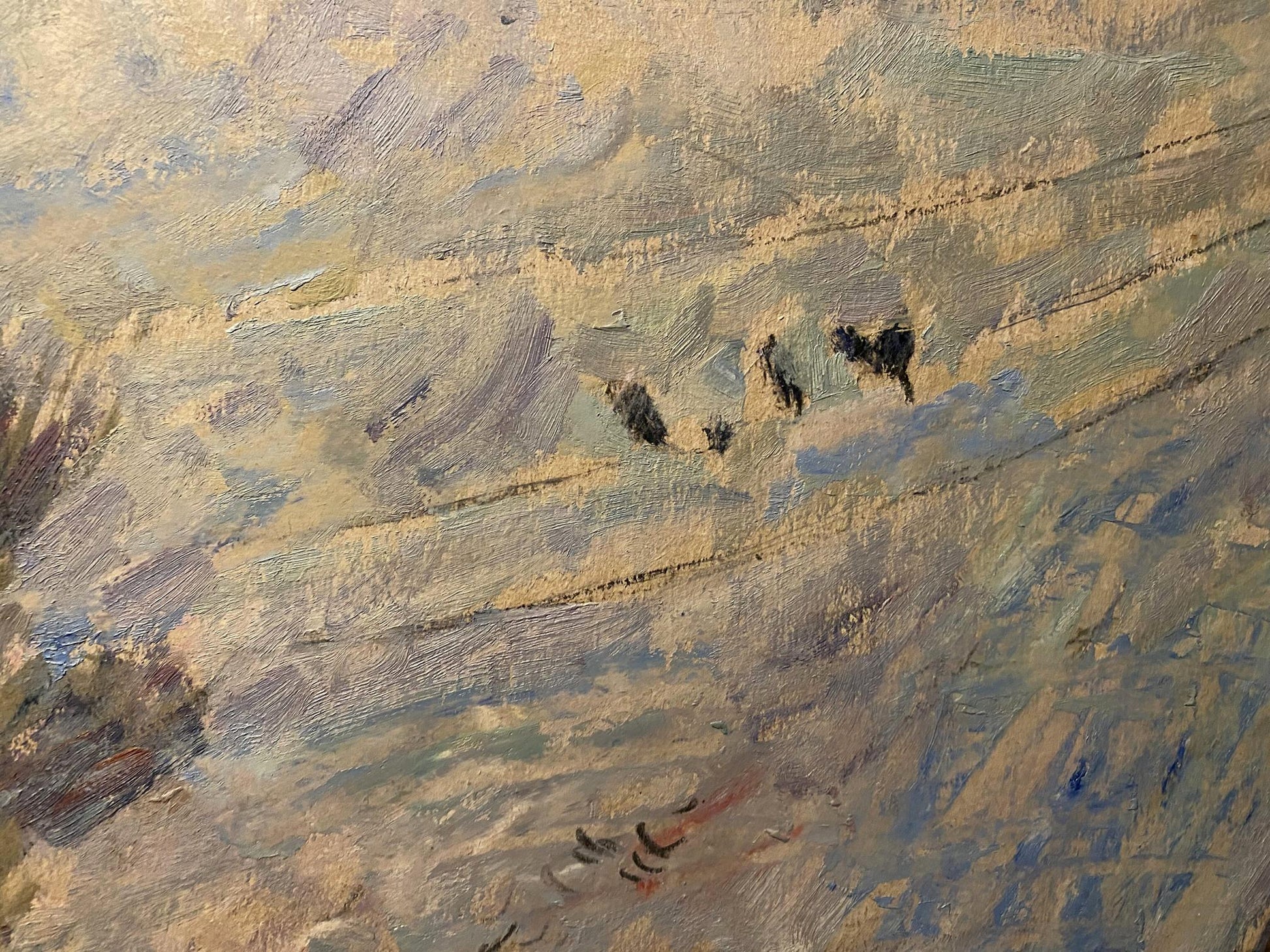 Oil painting of farm yard by Stanislav Petrashevsky, dark figures on path
