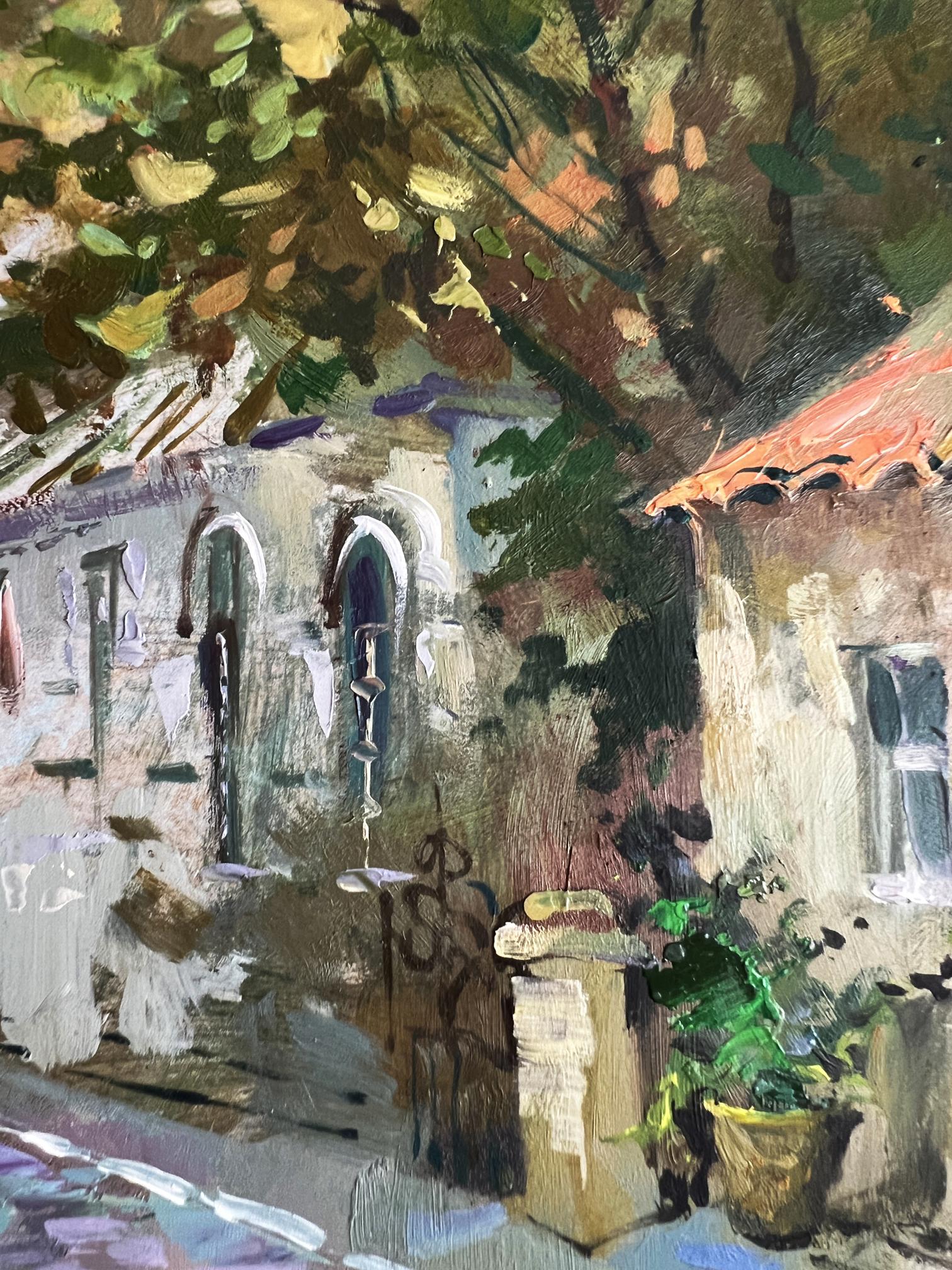 Oil painting of rustic stone building on old street by Yuriy Suprunchuk