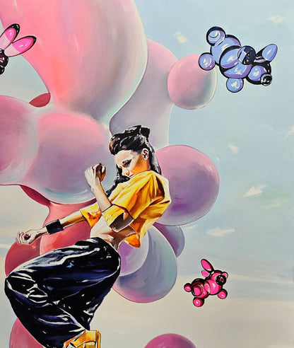 Oil painting of TikTok girl dancing by Igor Konovalov with balloon animals
