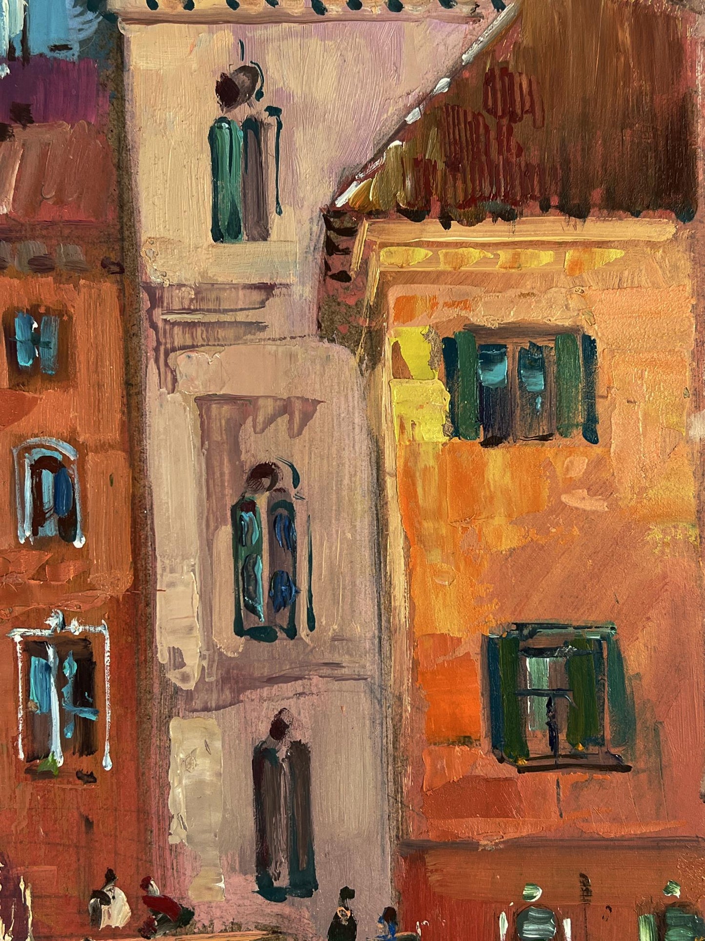 Vibrant oil painting of European city with river by Yuriy Suprunchuk
