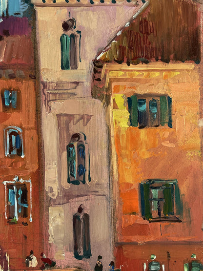 Vibrant oil painting of European city with river by Yuriy Suprunchuk