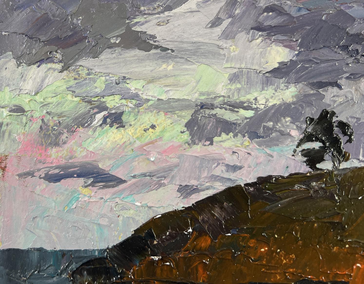 Oil painting The gray day is silent by Boris Serdyuk, lone figure on cliff