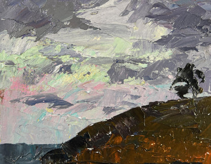 Oil painting The gray day is silent by Boris Serdyuk, lone figure on cliff