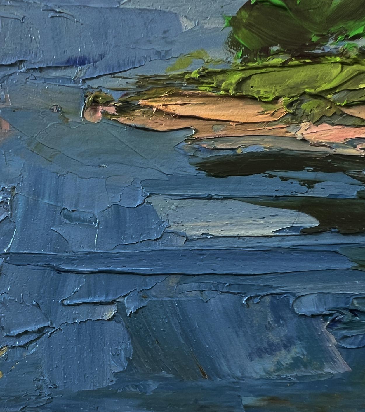 Oil painting Morning fishing by Boris Serdyuk with impasto blue green layers