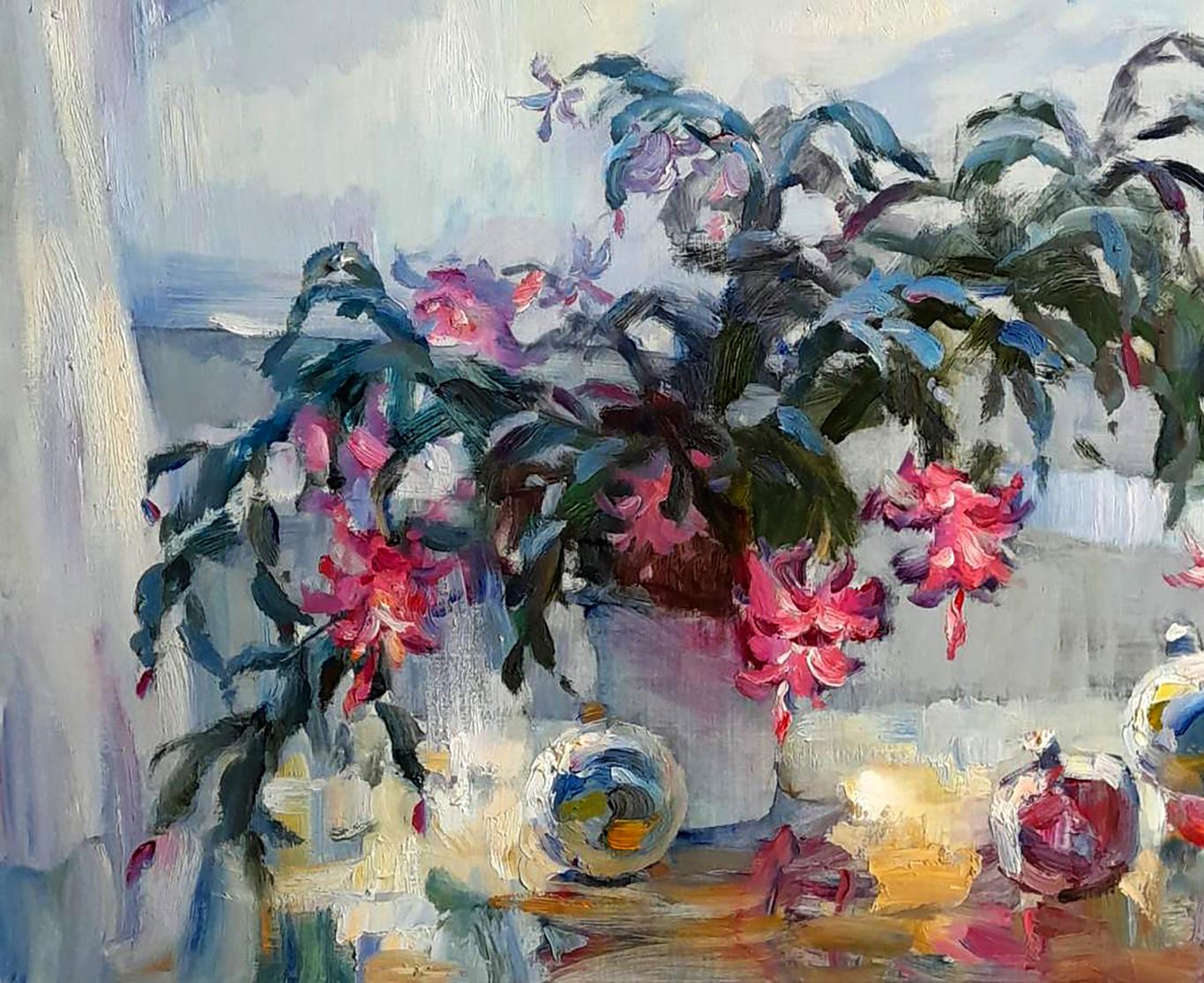 Vibrant Oi painting Flowers on the windowsill by Ivan Kovalenko: potted Christmas cactus with pink flowers