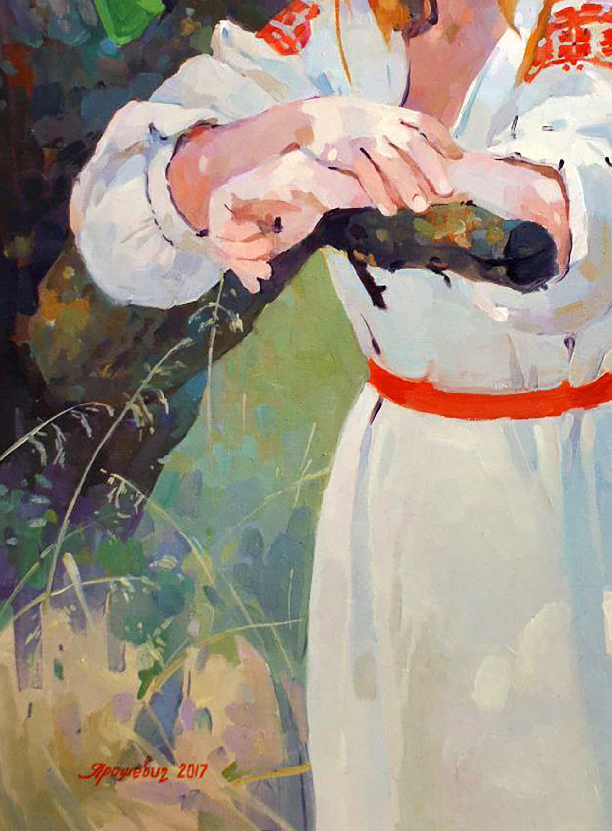 Oil painting In the shade of the apricot tree by Anastasia Yaroshevich held in hands
