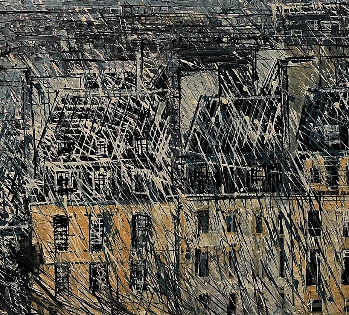 Abstract expressionist oil painting of cityscape spider web by Serhiy Kovalev