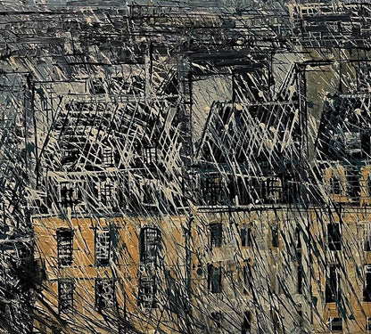 Abstract expressionist oil painting of cityscape spider web by Serhiy Kovalev