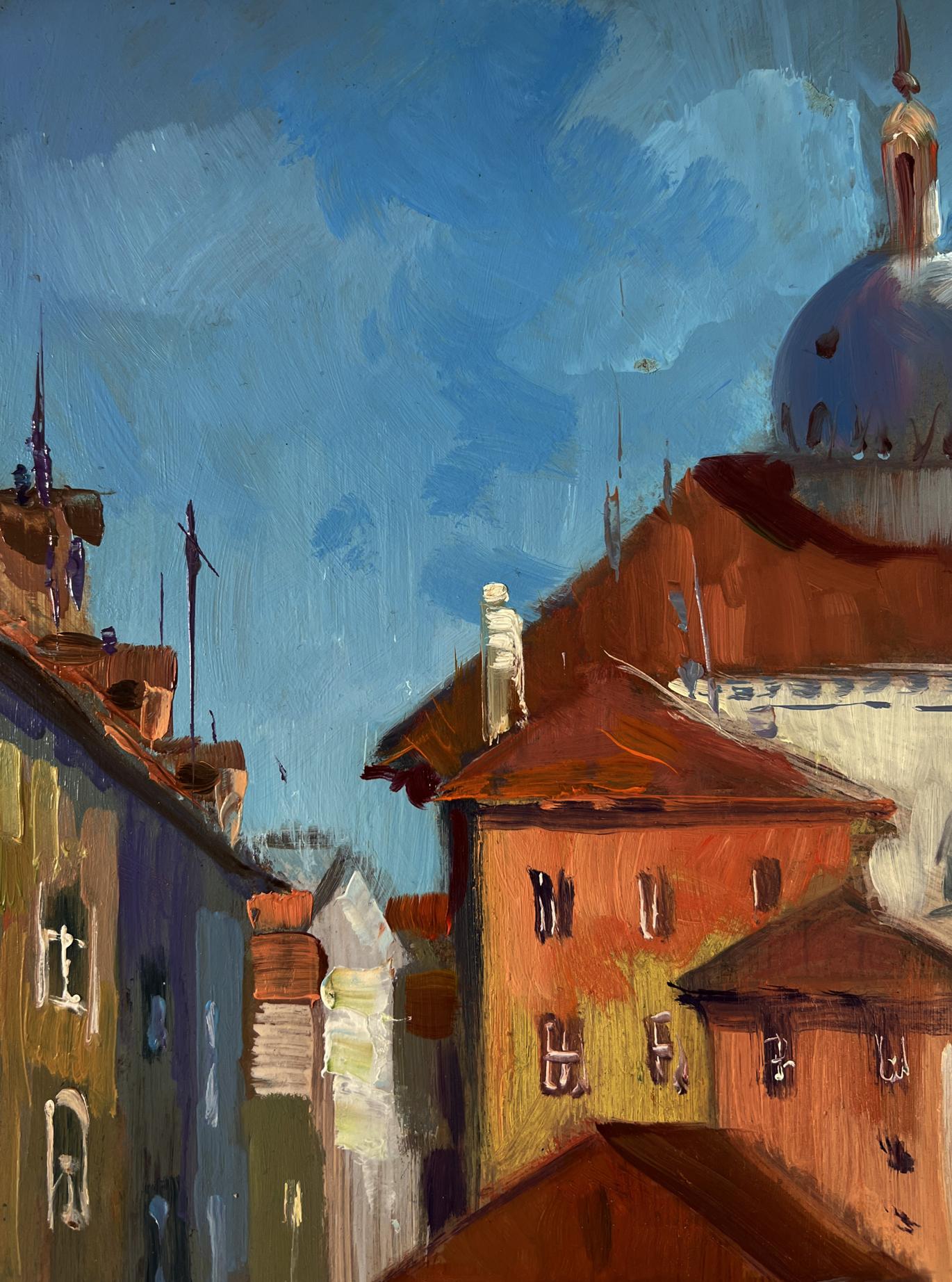 Vibrant impressionistic oil painting of Yuriy Suprunchuk bridge in European cityscape