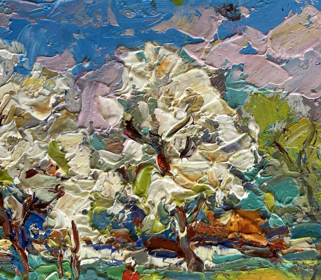 Vibrant oil painting Spring has come by Oksana Ivanyuk with bold blue strokes