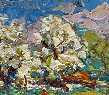 Vibrant oil painting Spring has come by Oksana Ivanyuk with bold blue strokes