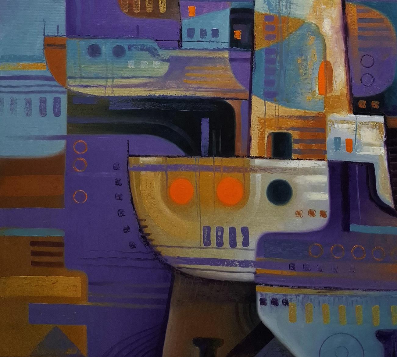 Oil painting of lighthouse and ships by Sergiy Voichenko with purple orange beige shapes