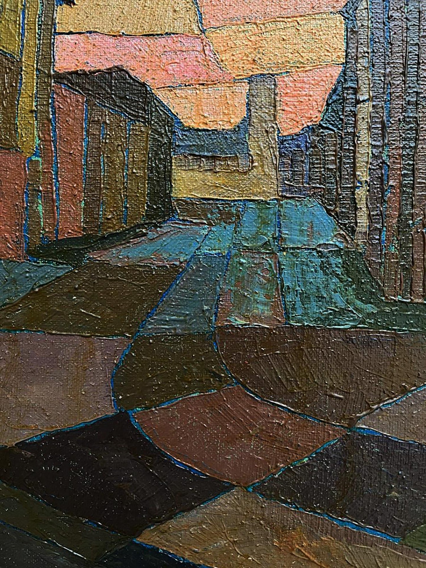 Oil painting City center by Serhiy Kovalev: textured cobblestone street at dusk