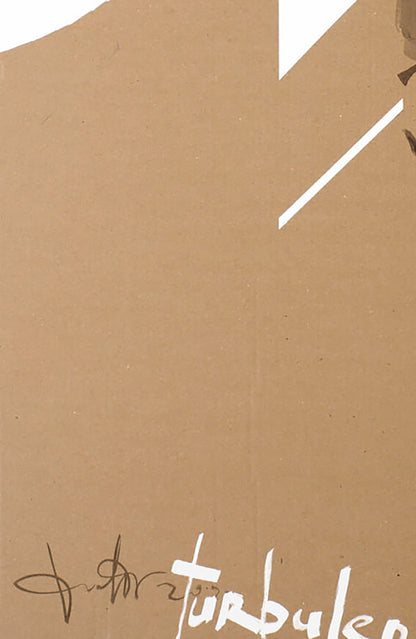 Back of Turbulence acrylic painting by Dima Filatov: brown cardboard box with white diagonal lines and Turbulen signature
