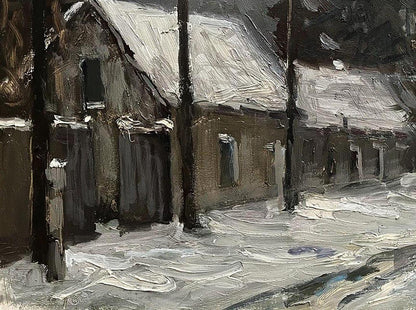 Oil painting White Carpet by Volodymyr Pashchenko, snowy village street