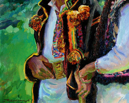 Vibrant oil painting Two Hutsuls by Leonid Pavlenko: Hutsul in traditional attire with golden belt buckle