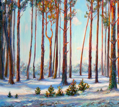 Oil painting of snowy pine forest by Leonid Pavlenko
