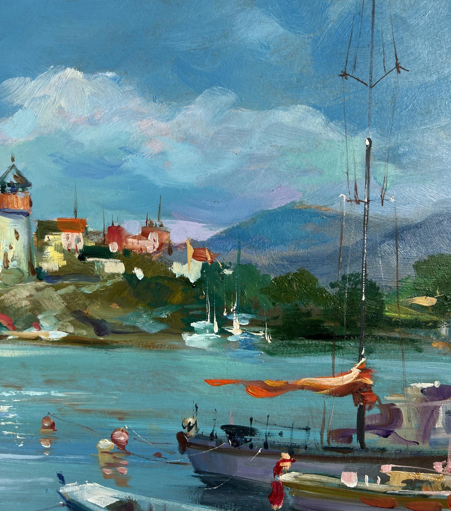 Vibrant impressionist oil painting by Yuriy Suprunchuk of coastal harbor with boats and lighthouse