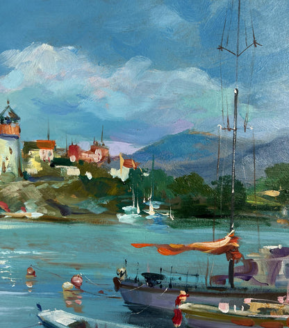 Vibrant impressionist oil painting by Yuriy Suprunchuk of coastal harbor with boats and lighthouse