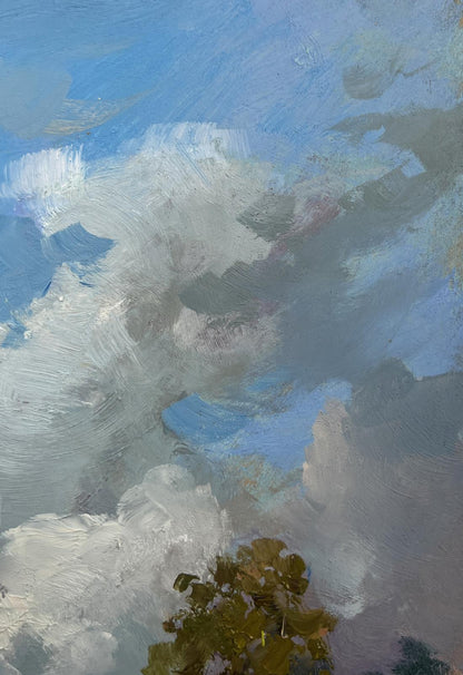 Oil painting Into the depths of the forest by Yuriy Suprunchuk with blue sky and clouds
