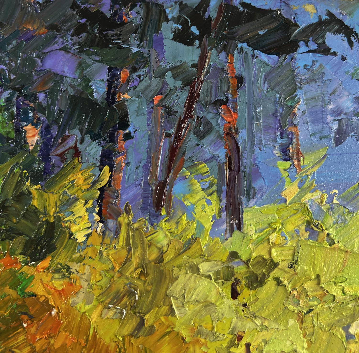 Vibrant impressionist oil painting of Boris Serdyuk forest with warm light