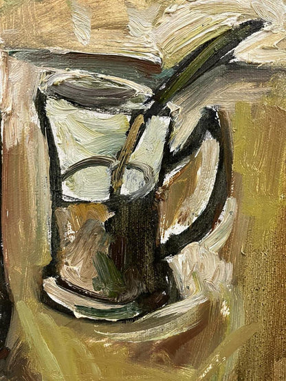 Oil painting still life with dark ceramic mug, handle, saucer and acacia branch by Oleksandr Andreev