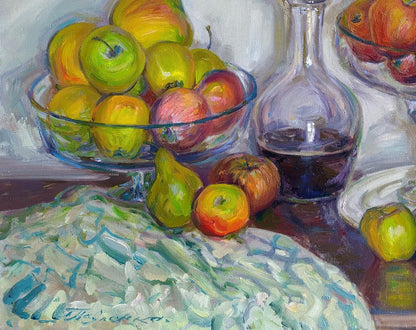 Oil painting of colorful apples and wine by Leonid Pavlenko