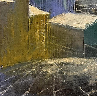 Oil painting of snow-covered roofs by Serhiy Kovalev, textured yellow green urban scene