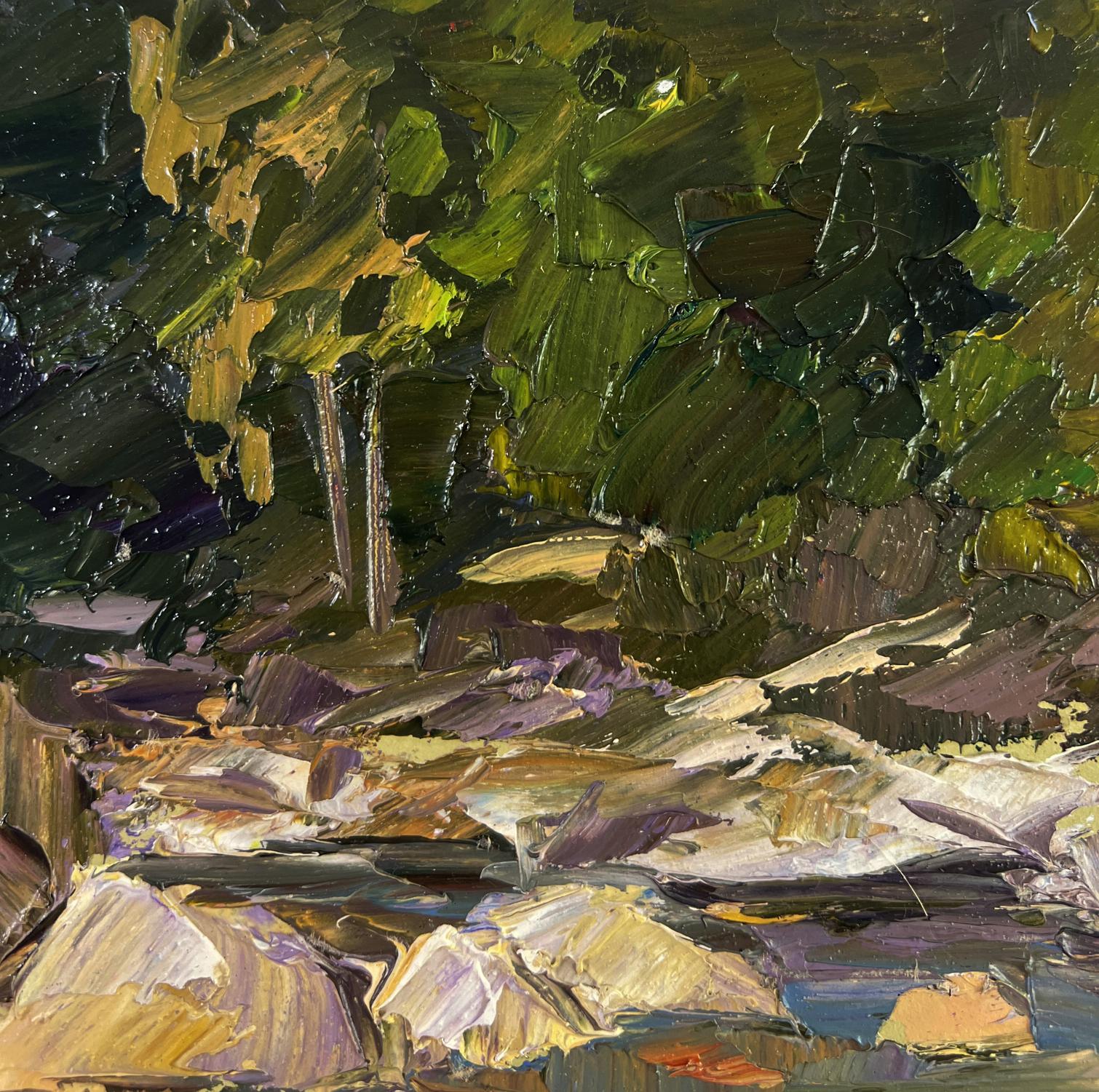 Impasto oil painting Silent Whispers Between Green Shores by Boris Serdyuk