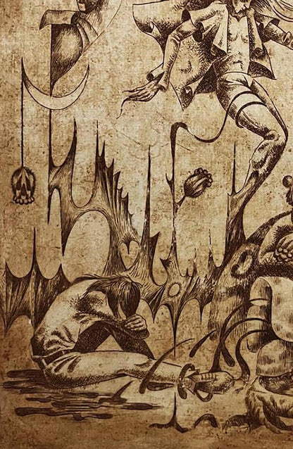 Sepia-toned etching Falling into the sky by Oleksandr Zhmailo, surreal gothic scene