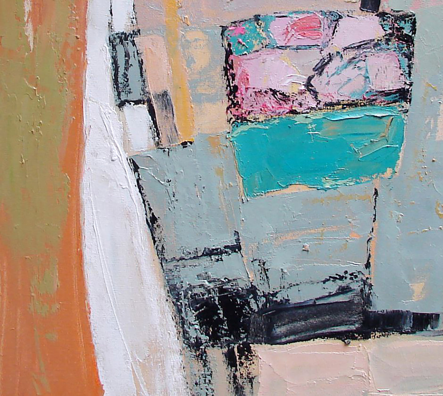 Oil painting Its just a game by Tatyana Shulyak in teal pink gray tones